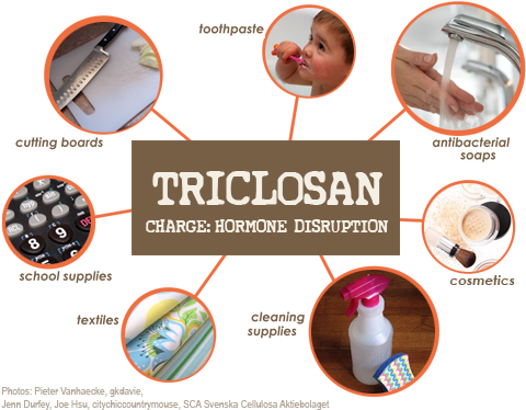 Triclosan may be present in cutting boards, school supplies, textiles, toothpaste, antibacterial soaps, cosmetics, cleaning supplies and other products.
